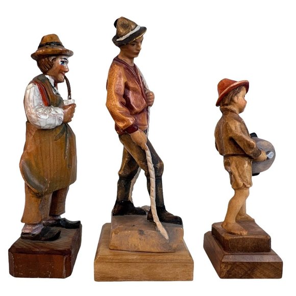 Three Men Boy Figurines on Wood Bases Resin Vintage 4 1/4" 4 1/8" and 3 1/2" - Picture 2 of 9